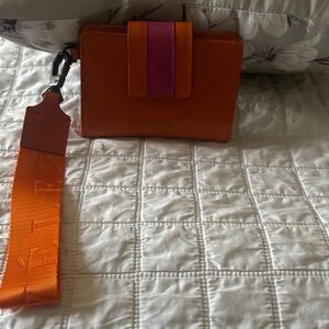 Orange Leather Crossbody Wallet with Pink Accent